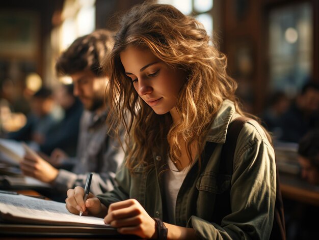 Jovem tomando notas no café