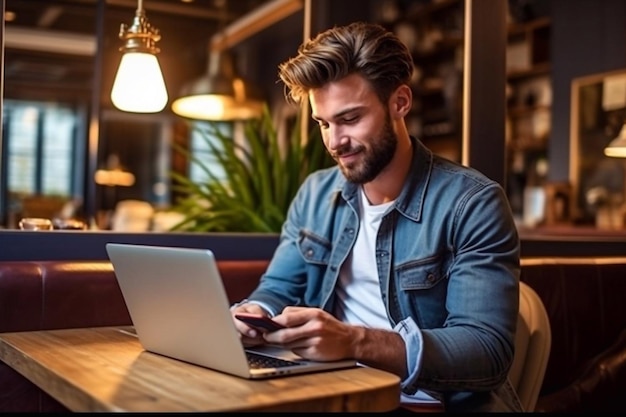 Jovem trabalha em um computador no escritório Freelancer trabalhando em um laptop Conceito de educação empresarial Generative AI