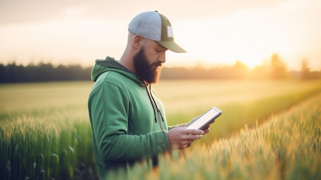 Jovem trabalhador agrícola usa tablet no campo