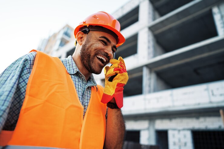 Foto jovem trabalhador da construção civil de uniforme usando walkie-talkie no local