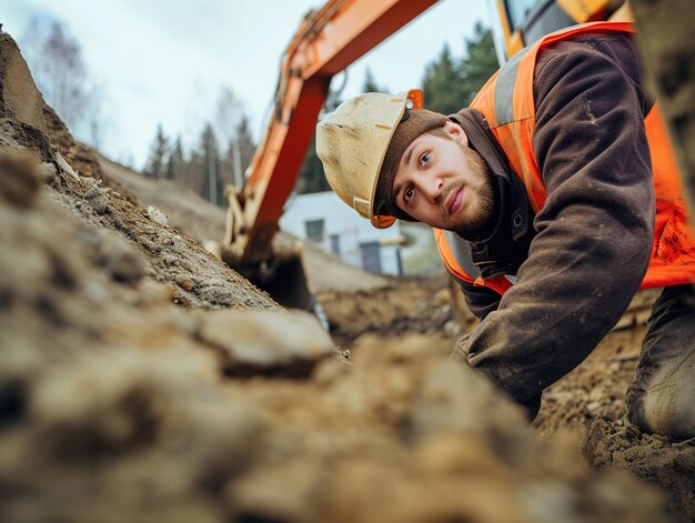 jovem trabalhador da construção trabalhando na estrada e olhar para trás