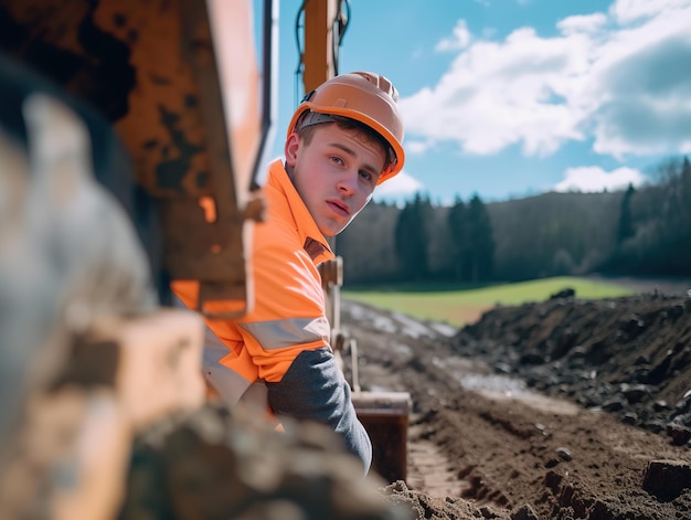 Foto jovem trabalhador da construção trabalhando na estrada e olhar para trás