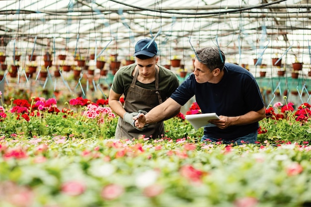 Jovem trabalhador e seu gerente se comunicando enquanto analisam o estoque de plantas em uma estufa