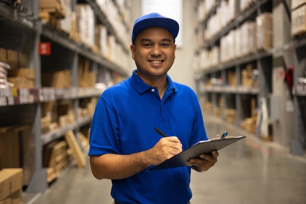 Jovem trabalhador na lista de verificação de uniforme azul gerencia o produto da caixa de encomendas no armazém. Empregado de homem asiático segurando a área de transferência trabalhando na indústria da loja. Conceito de exportação de importação logística.