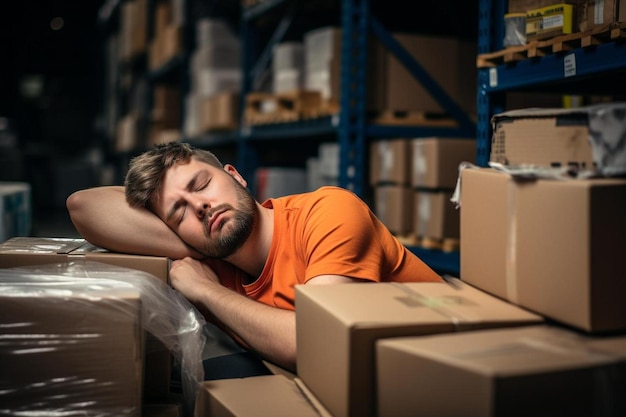 Foto jovem trabalhador preguiçoso cansado sentado no armazém e fazendo uma soneca