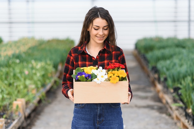 Jovem, trabalhadora com flores em estufa