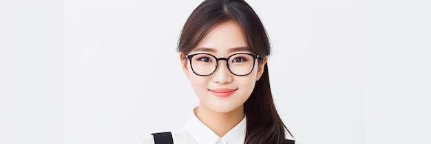Jovem trabalhadora de uma empresa asiática com óculos sorrindo e segurando um tablet digital de pé sobre um fundo branco