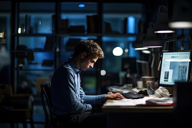 Jovem trabalhando até tarde da noite no escritório, sentado à mesa e usando o computador Uma imagem sincera de uma pessoa trabalhando até tarde em um escritório Gerado por IA