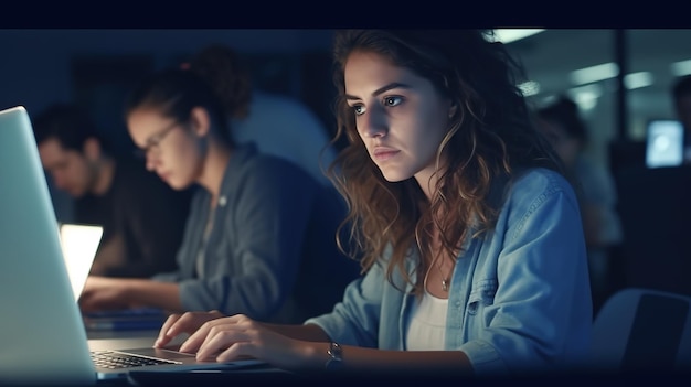 Jovem trabalhando com um laptop Feminino freelancer conectando-se à internet via computador Negócios
