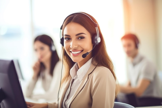 Jovem trabalhando em um call center e usando um fone de ouvido