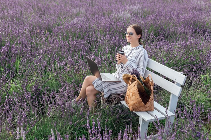Foto jovem trabalhando no computador no campo de lavanda