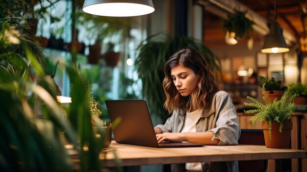 Jovem trabalhando no laptop no café Garota designer freelancer ou estudante trabalhando no computador à mesa