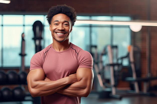 Jovem treinador pessoal afro-americano num ginásio sorridente