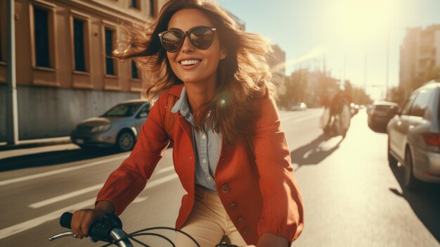 Jovem turista andando de bicicleta pela rua Conceito ativo de ciclismo em viagens urbanas