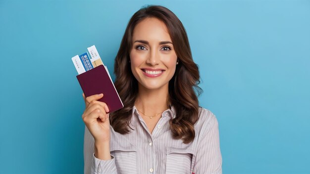 Foto jovem turista bela mulher segurando passaporte com bilhetes olhando para a câmera com sorriso confiante