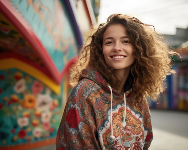 Jovem usando capuz e sorrindo no meio urbano