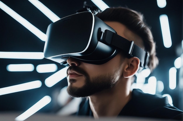 Jovem usando fone de ouvido de realidade virtual VR tecnologia de gadgets futuros evento virtual educação