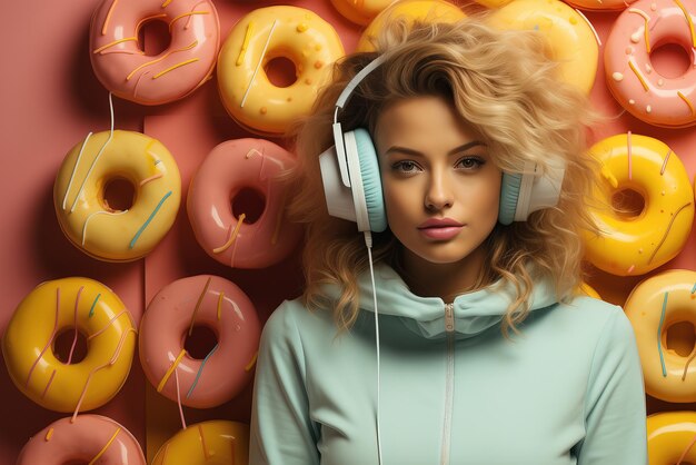 Jovem usando fones de ouvido em fundo rosa com donuts