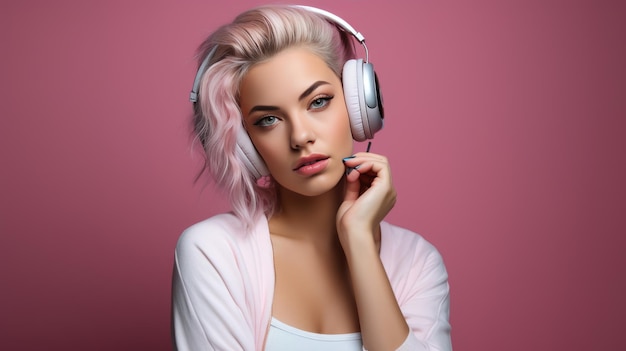 Jovem usando fones de ouvido em um fundo rosa ouvindo sua música favorita