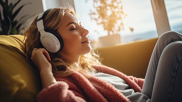 Jovem usando fones de ouvido relaxando no sofá em casa