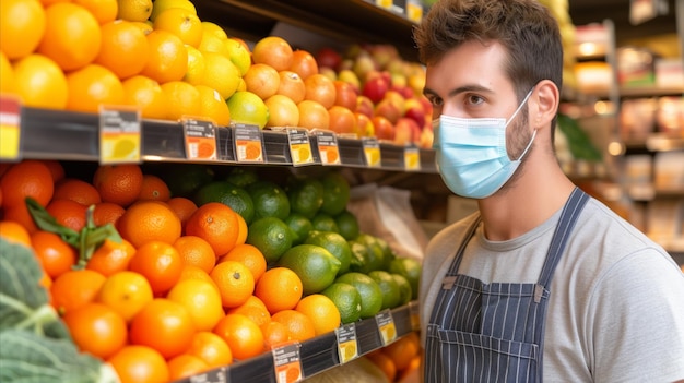 Jovem usando máscara enquanto compra frutas na mercearia