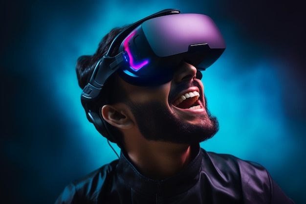 Jovem usando óculos de fone de ouvido de realidade virtual VR para jogos e educação