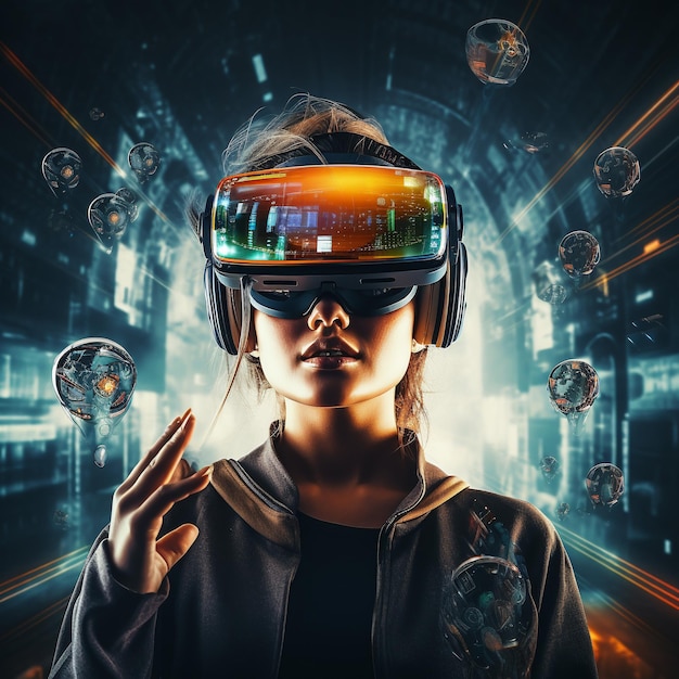 Jovem usando óculos de realidade virtual contra o fundo da paisagem urbana futurista Mídia mista