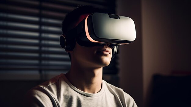 Jovem usando óculos de realidade virtual em casa Conceito de tecnologia do futuro