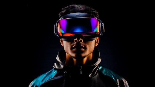 Jovem usando óculos de realidade virtual óculos de proteção isolados em fundo preto