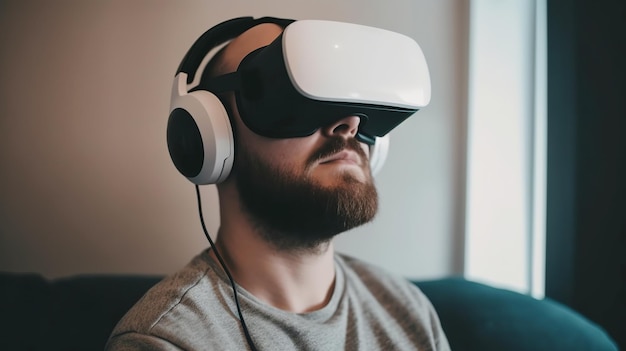 Jovem usando óculos de realidade virtual vendo filmes ou jogando videogames