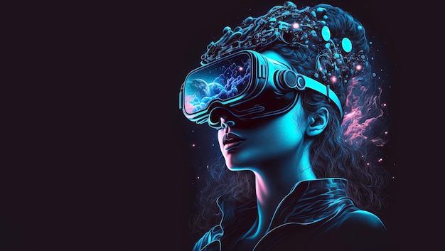 Jovem usando realidade virtual banner panorâmico VR tecnologia de gadgets futuros