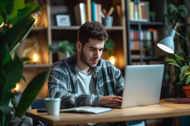 Foto jovem usando seu laptop no escritório em casa elearning estudo on-line e conceito de trabalho à distância