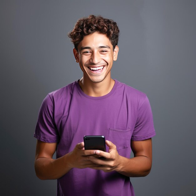 Jovem usando smartphone e dando expressão feliz