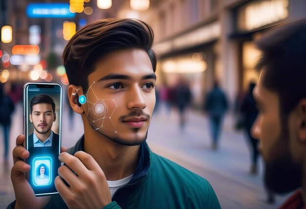 Foto jovem usando tecnologia de reconhecimento facial com telefone celular