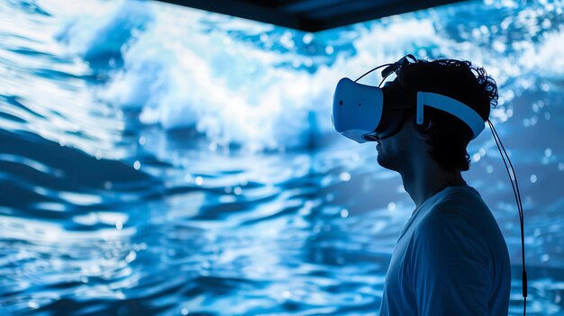 Foto jovem usando um fone de ouvido de realidade virtual e explorando o mundo subaquático