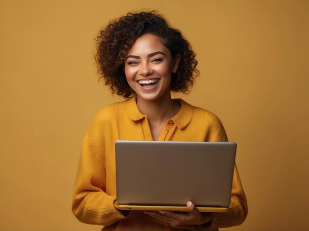 Foto jovem vencedora feliz segurando laptop isolado em fundo em branco