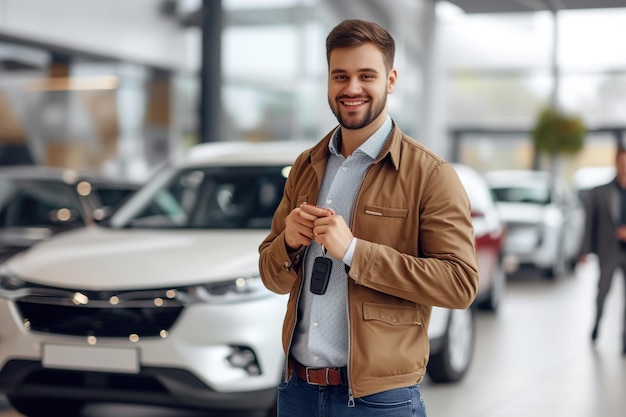 Foto jovem vendedor feliz segurando a chave de um carro novo na sala de exposições e olhando para a câmera