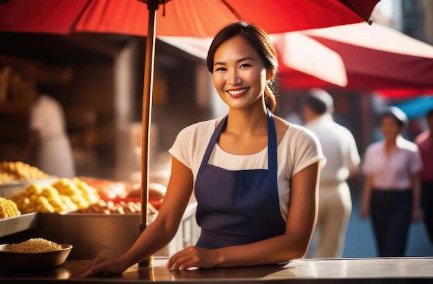 jovem vendedora asiática vendendo produtos alimentares frescos ao ar livre vendedor de Chinatown negócio local