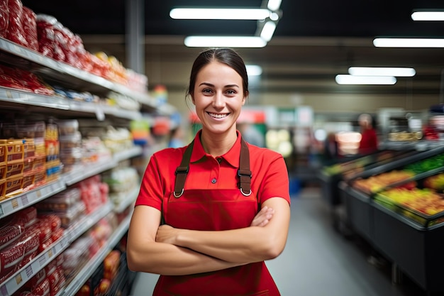 Jovem vendedora feliz no fundo das prateleiras de supermercado no salão do supermercado