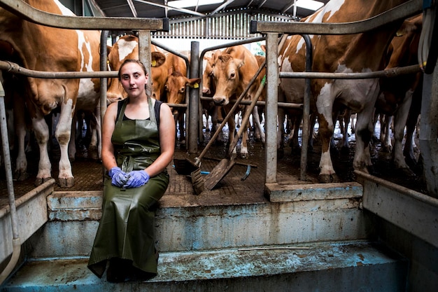 Foto jovem vestindo avental em um galpão de ordenha com vacas guernsey