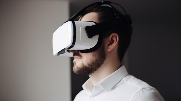 Jovem vestindo óculos de realidade virtual Conceito de tecnologia e inovação do futuro