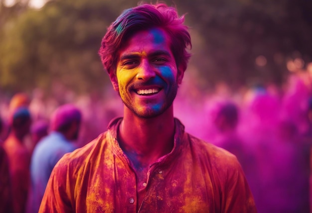 Jovem vestindo sombras cobertas de cores celebrando o festival de Holi