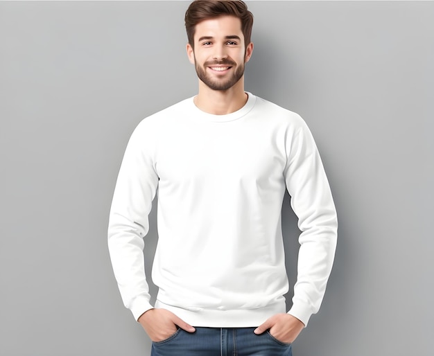 Jovem vestindo um suéter branco em branco modelo de apresentação de impressão modelo ai gerar