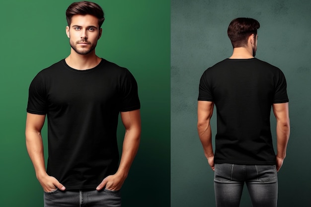 Jovem vestindo uma maquete de camiseta casual preta frontal e traseira