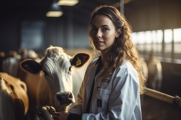 Jovem veterinária com endoscópio estima uma vaca leiteira