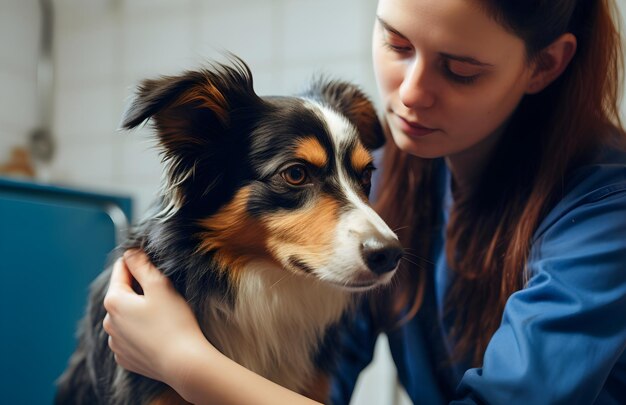 Foto jovem veterinária com um cão numa clínica veterinária que cuida de animais medicina veterinária