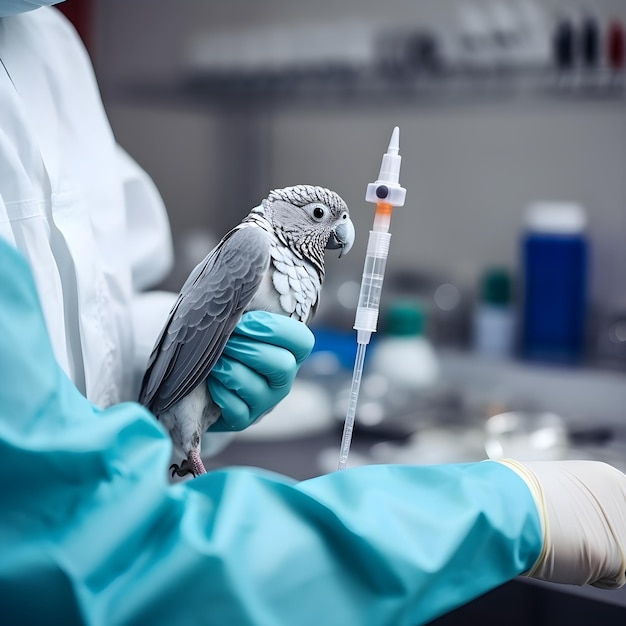 jovem veterinária examina um grande papagaio numa clínica veterinária