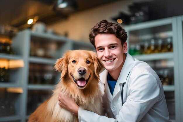 Foto jovem veterinário acariciando um nobre golden retriever cão animal de estimação saudável em uma visita de check-up