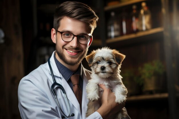 Jovem veterinário encantador de óculos segurando um pequeno interior de clínica de cachorros fofinhos