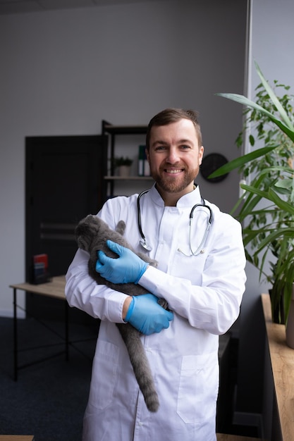 Foto jovem veterinário segurando gato na clínica